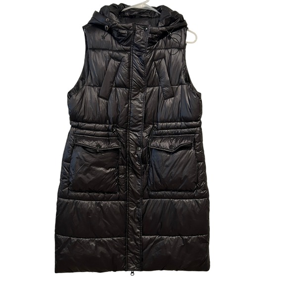 Long Hooded Quilted Puffer Vest Black - Picture 1 of 11